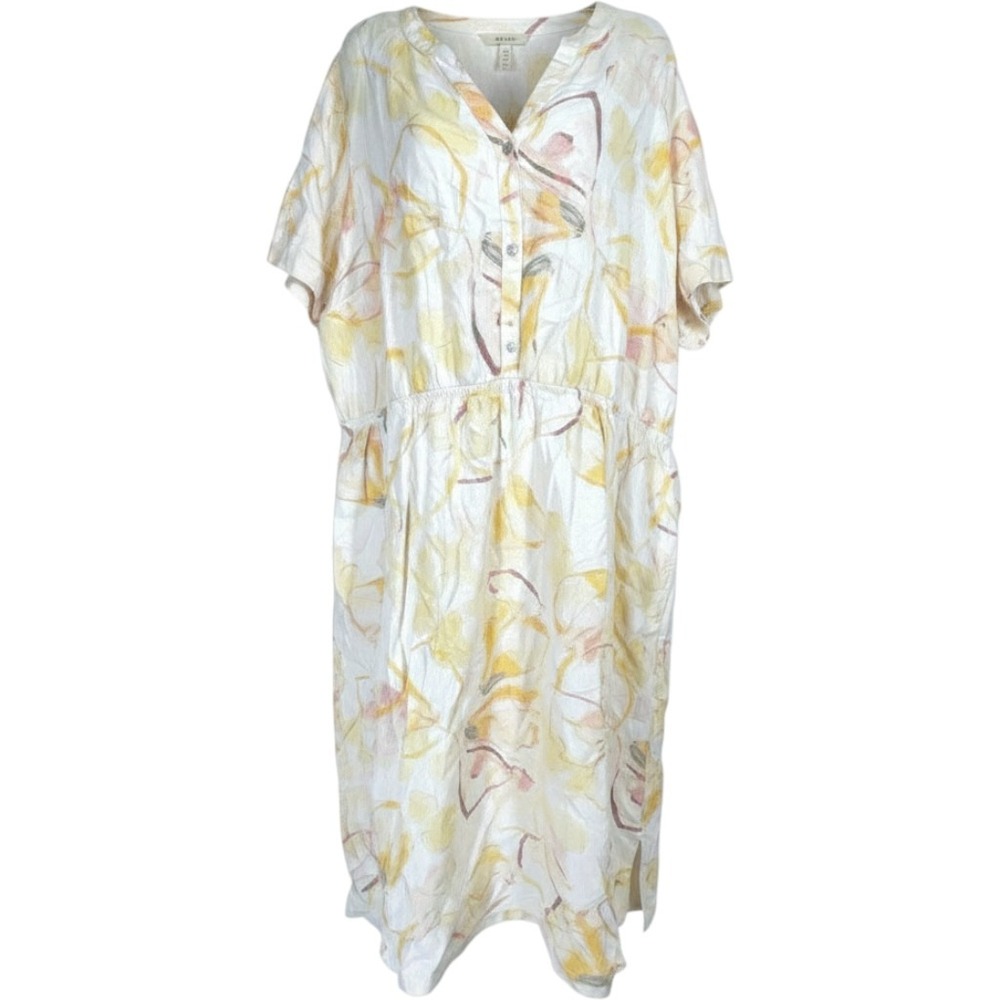 Naturals D Co Yellow Abstract Floral Linen Button Henley Midi Dress Plus Size 1X